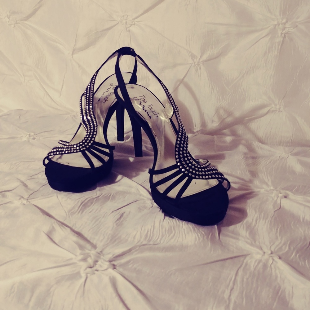 Rhinestone and black satin heels